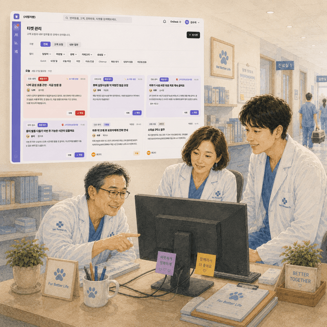 늘펫N — 병원 직원들이 티켓 화면을 보며 함께 회의하는 모습