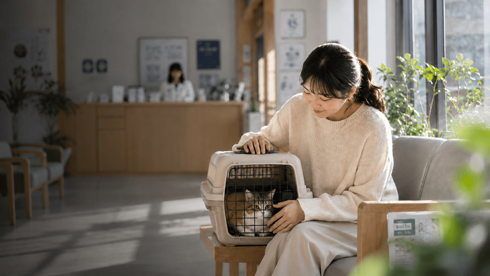 동물병원 대기실에서 이동장 속 고양이를 살피는 보호자