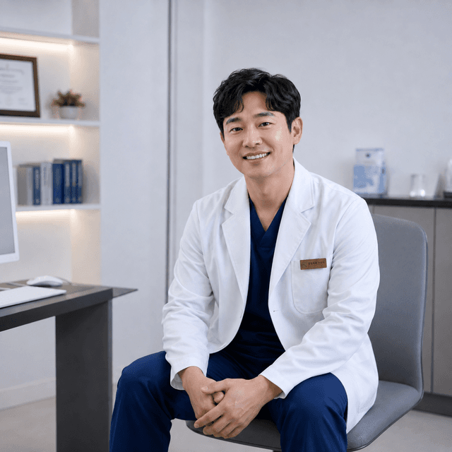 진료실 의자에 앉아 미소 짓는 수의사