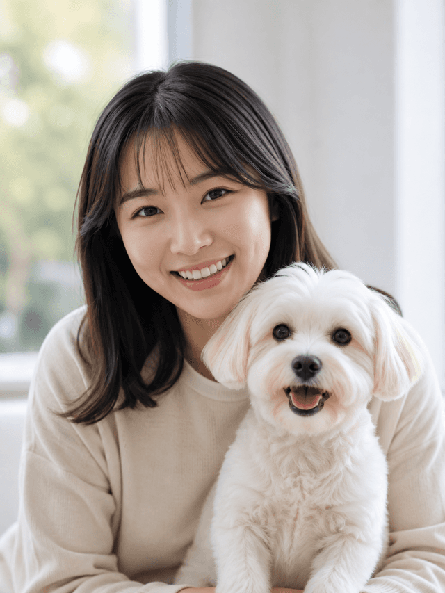 말티즈를 안고 웃는 보호자