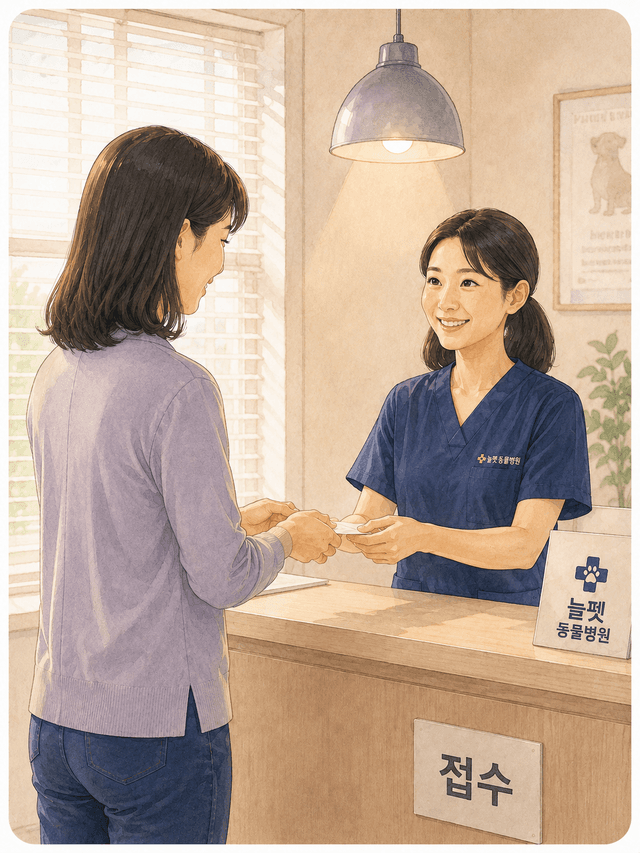 늘펫 동물병원 접수 데스크에서 보호자를 맞이하는 직원 일러스트