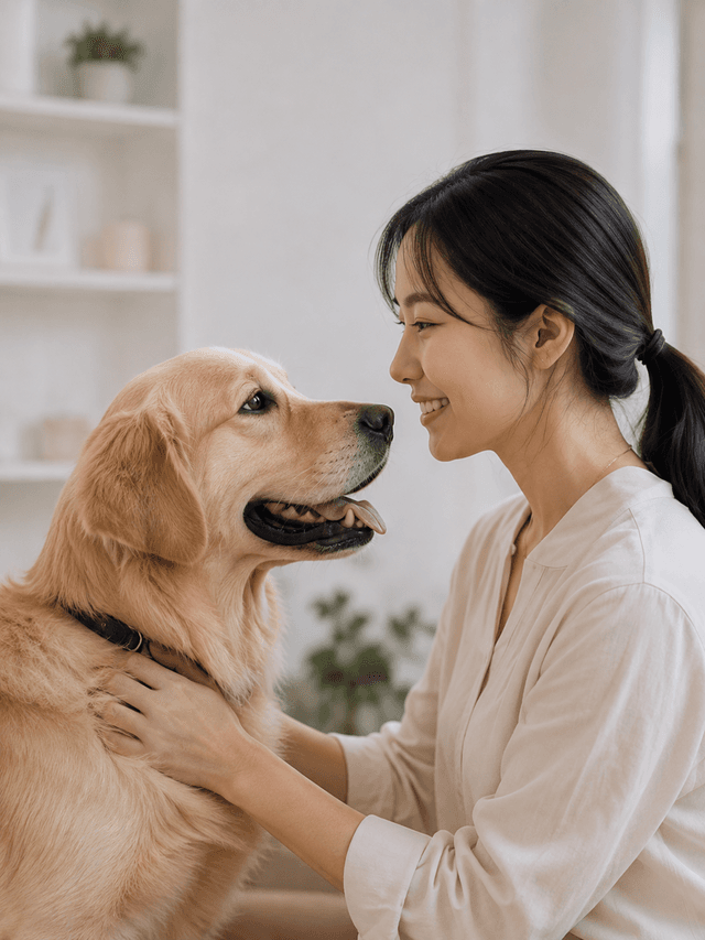 골든 리트리버와 마주 보며 웃는 보호자