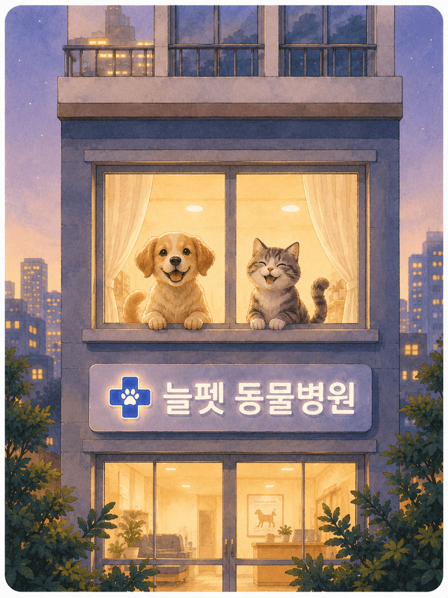 밤 늦게까지 불이 켜진 늘펫 동물병원 건물 일러스트